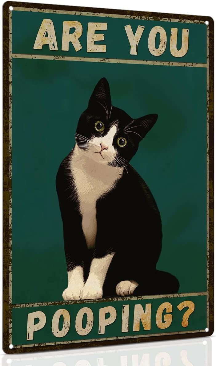 ALKB Tuxedo Cat Decor Are You Pooping Funny Metal Signs 8 x 12 Inch Black Cat Gift for Vintage Bathroom Decor - Image 1